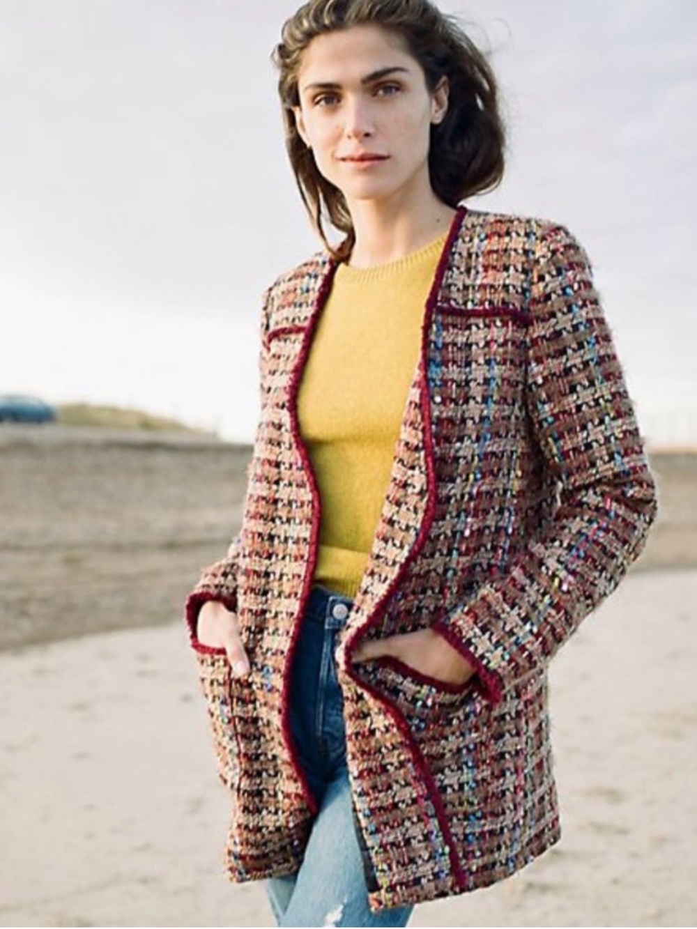 Anthropologie Harlequin Tweed Open-Front Jacket with Burgundy Trim